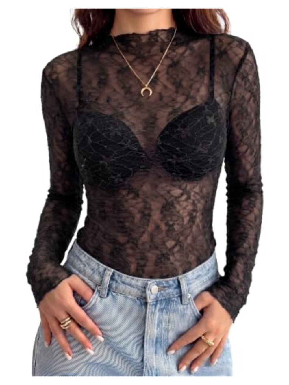 Sheer Mesh Lace Mock Neck Long Sleeve Blouse